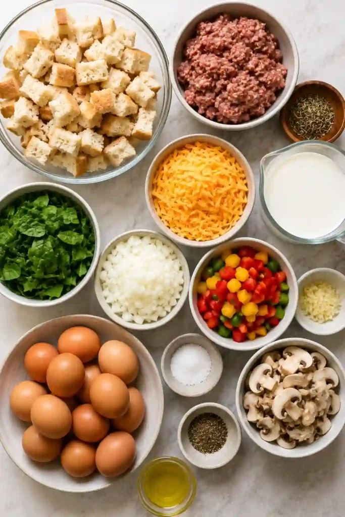 Hearty breakfast casserole featuring fluffy eggs, savory halal beef sausage, colorful vegetables, and melted cheese in a rustic baking dish.