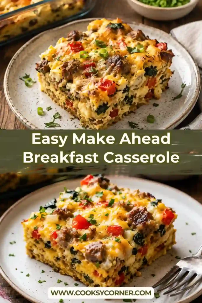 A baked Easy Make-Ahead Breakfast Casserole filled with fluffy eggs, halal beef sausage, vegetables, cheddar cheese, and crusty bread served in a casserole dish.