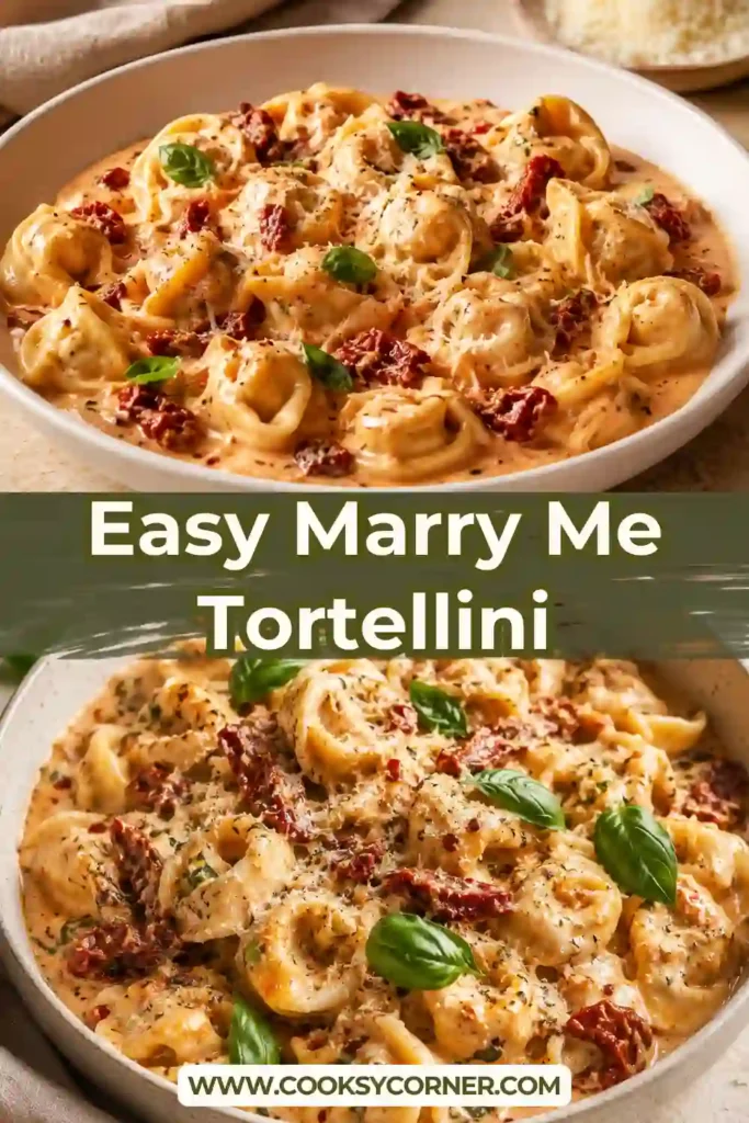 Bowl of sun-dried tomato tortellini with fresh spinach and creamy Parmesan sauce. Garlic, Italian herbs, and red pepper flakes add savory flavor to the cheese-filled pasta.