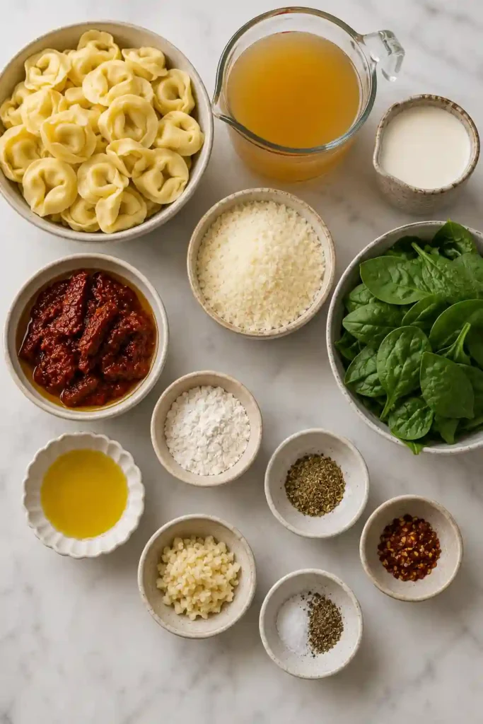 One-pot Marry Me Tortellini featuring tender cheese tortellini, spinach, and sun-dried tomatoes in a velvety cream sauce. Grated Parmesan gives the pasta a rich, savory finish.