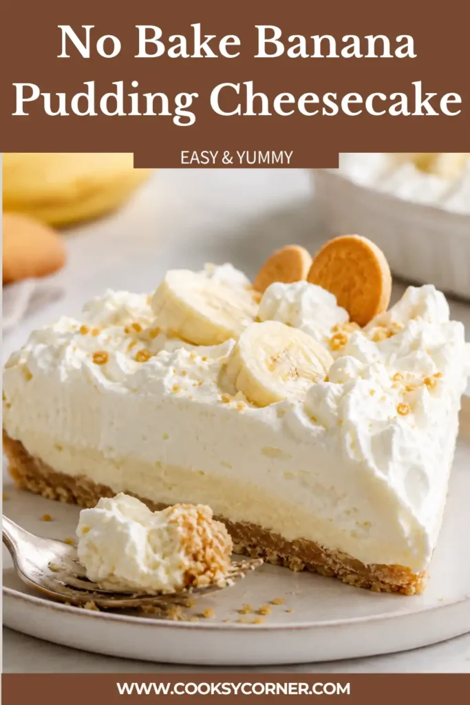 Homemade banana pudding cheesecake decorated with whipped topping, sliced bananas, and mini vanilla wafers. This easy no bake cheesecake has a smooth banana filling and cookie crust.