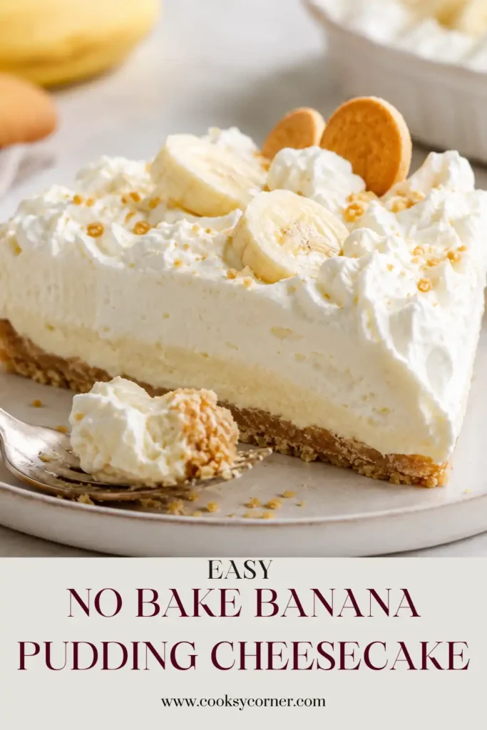 A slice of no bake banana cheesecake with creamy banana pudding filling and a crunchy vanilla wafer crust. Fresh bananas and whipped topping decorate the chilled dessert.