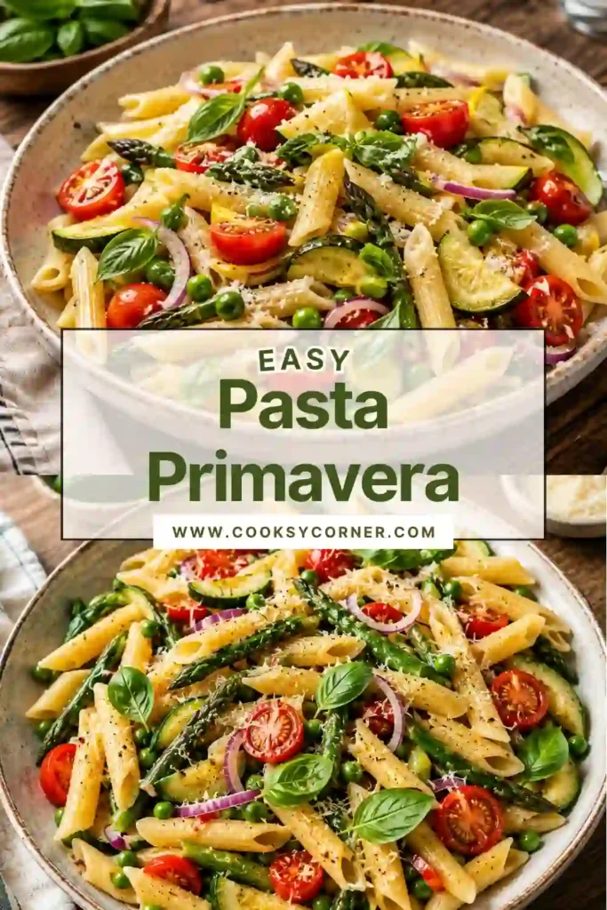 A colorful bowl of Pasta Primavera with penne, zucchini, asparagus, cherry tomatoes, peas, basil, and grated Pecorino cheese served in natural lighting.