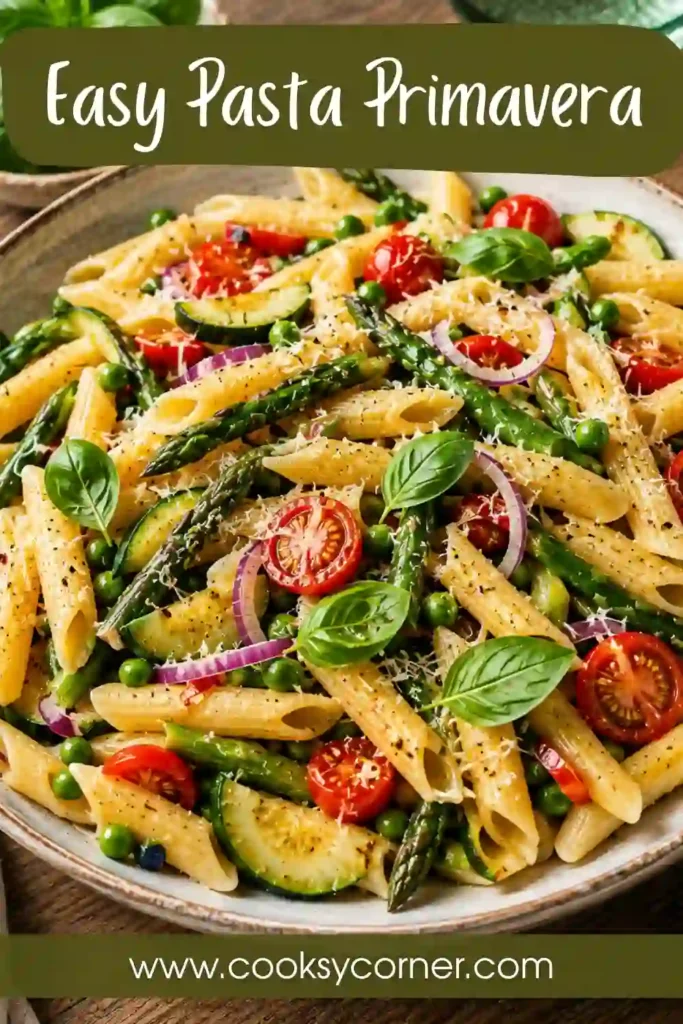 Italian-inspired Pasta Primavera featuring tender penne pasta tossed with colorful vegetables and fresh herbs for a healthy vegetarian dinner.