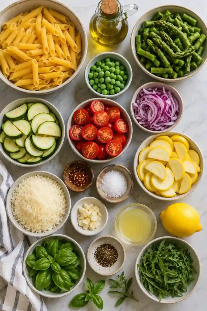Easy Pasta Primavera garnished with fresh basil, grated cheese, and cracked black pepper, served as a light vegetable pasta meal.