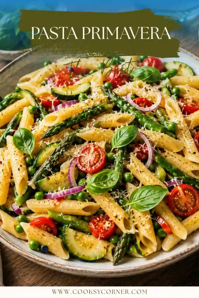 Fresh Pasta Primavera made with seasonal vegetables, lemon, basil, and Pecorino cheese in a rustic serving bowl.
