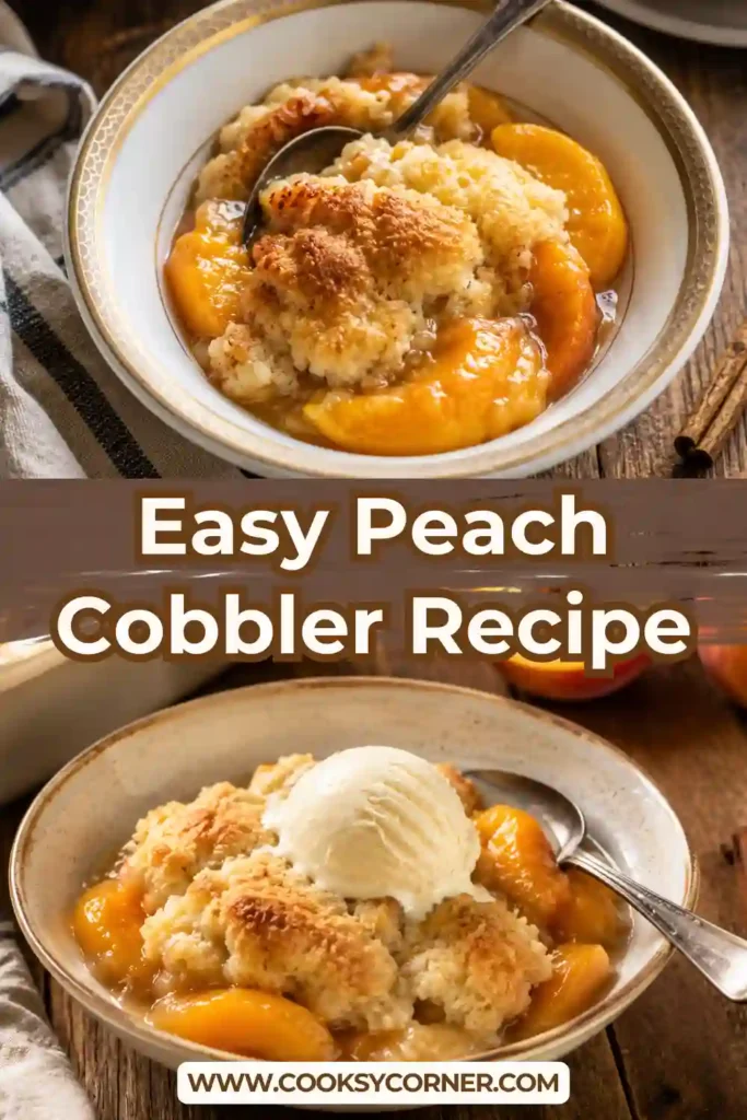 Fresh Peach Cobbler featuring bubbling peaches beneath a crisp golden crust sprinkled with cinnamon. A comforting homemade dessert.