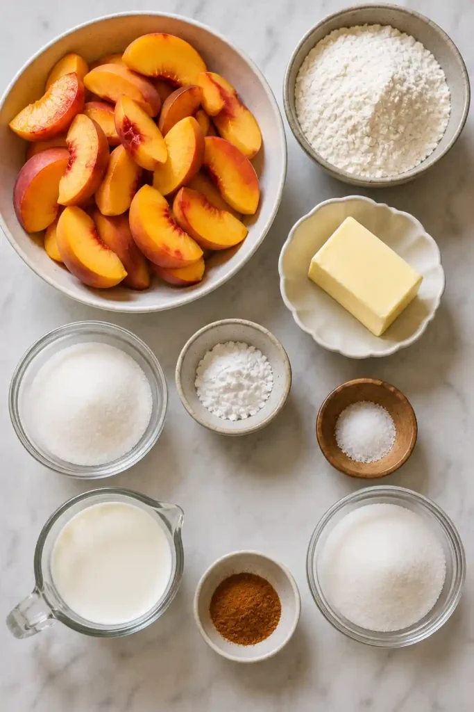 Warm Peach Cobbler with fresh peaches and cinnamon served with melting vanilla ice cream. A timeless homemade peach dessert.