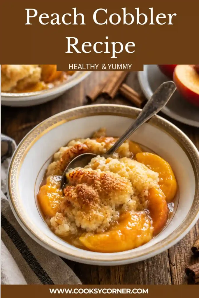 Homemade Peach Cobbler baked with juicy peaches and a golden buttery topping in a baking dish. A classic Southern dessert served warm with vanilla ice cream.