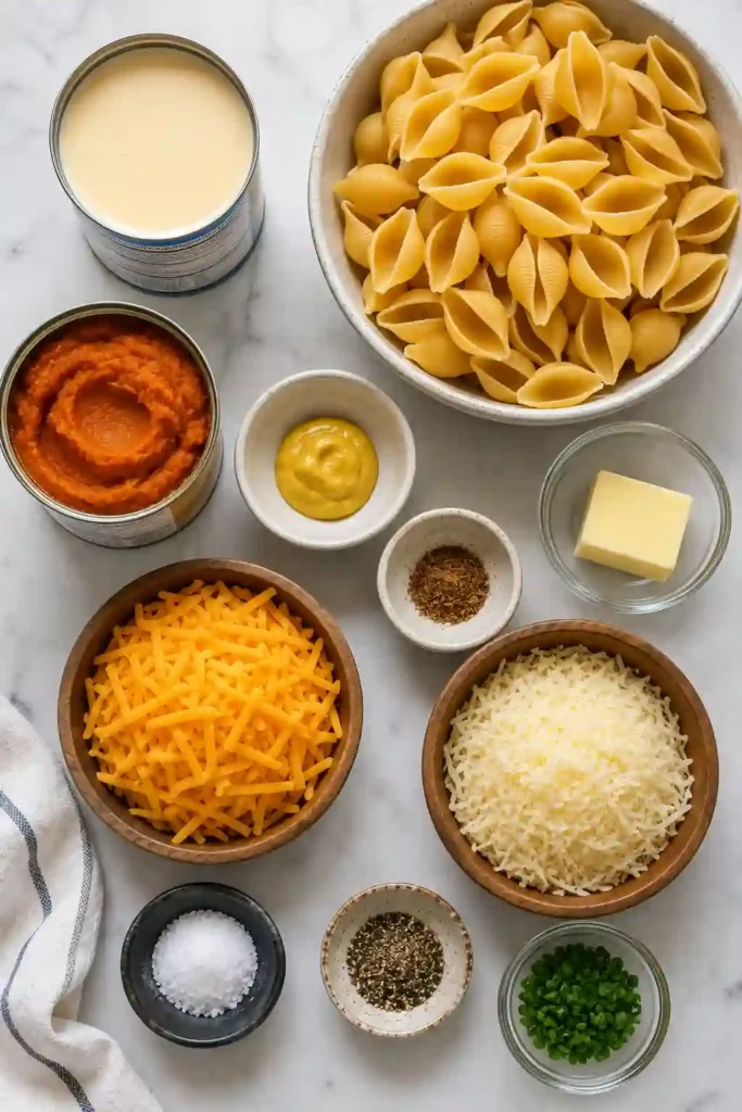 Bowl of Easy Pumpkin Mac and Cheese topped with chopped fresh chives and grated cheese. The tender pasta is coated in a creamy pumpkin, cheddar, and Parmesan sauce.