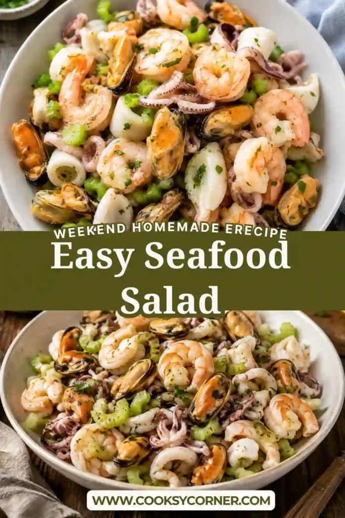 Close-up of Easy Seafood Salad featuring shrimp, mussels, calamari, celery, and fresh lemon slices.