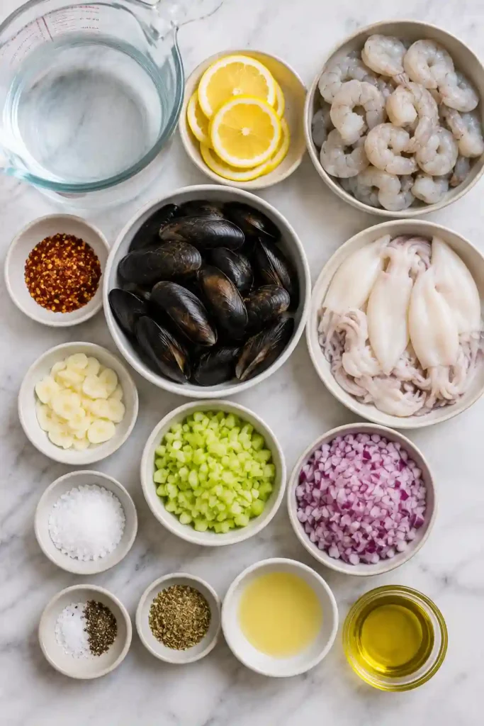 A serving bowl filled with Easy Seafood Salad garnished with parsley and lemon wedges.