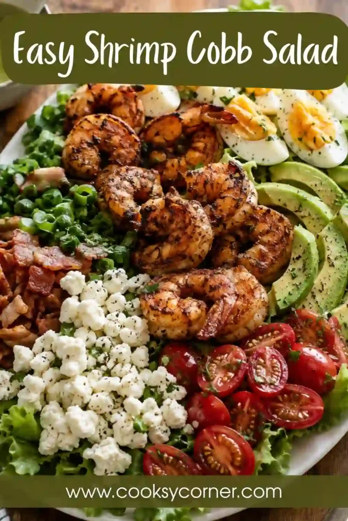 Homemade Shrimp Cobb Salad served in a large bowl with blackened shrimp, avocado, eggs, feta, tomatoes, and fresh green onions.