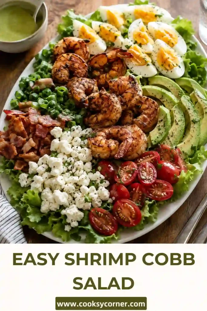 Close-up of a healthy Shrimp Cobb Salad featuring seasoned shrimp, avocado, tomatoes, turkey bacon, feta, and sliced eggs over fresh greens.