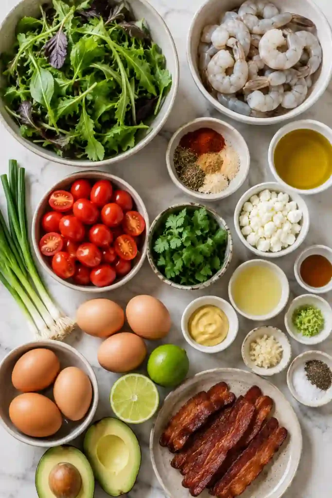 Fresh Shrimp Cobb Salad arranged on a serving platter with grilled shrimp, sliced avocado, eggs, turkey bacon, tomatoes, feta cheese, and cilantro dressing.