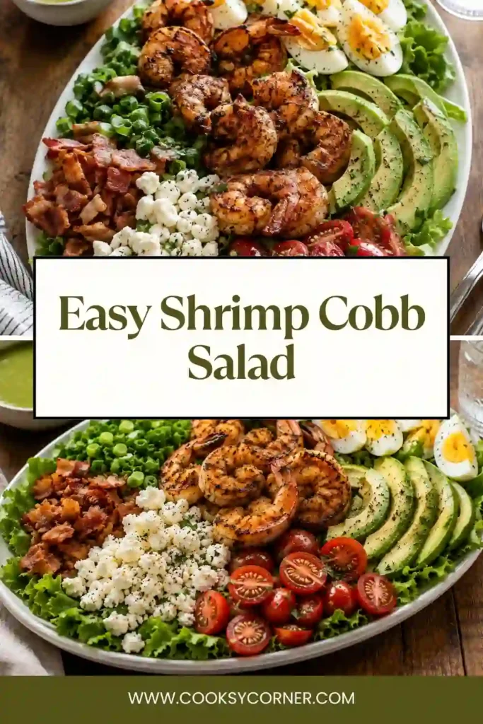 A colorful Shrimp Cobb Salad topped with blackened shrimp, avocado slices, jammy eggs, turkey bacon, feta cheese, tomatoes, and cilantro lime dressing served on a large platter.