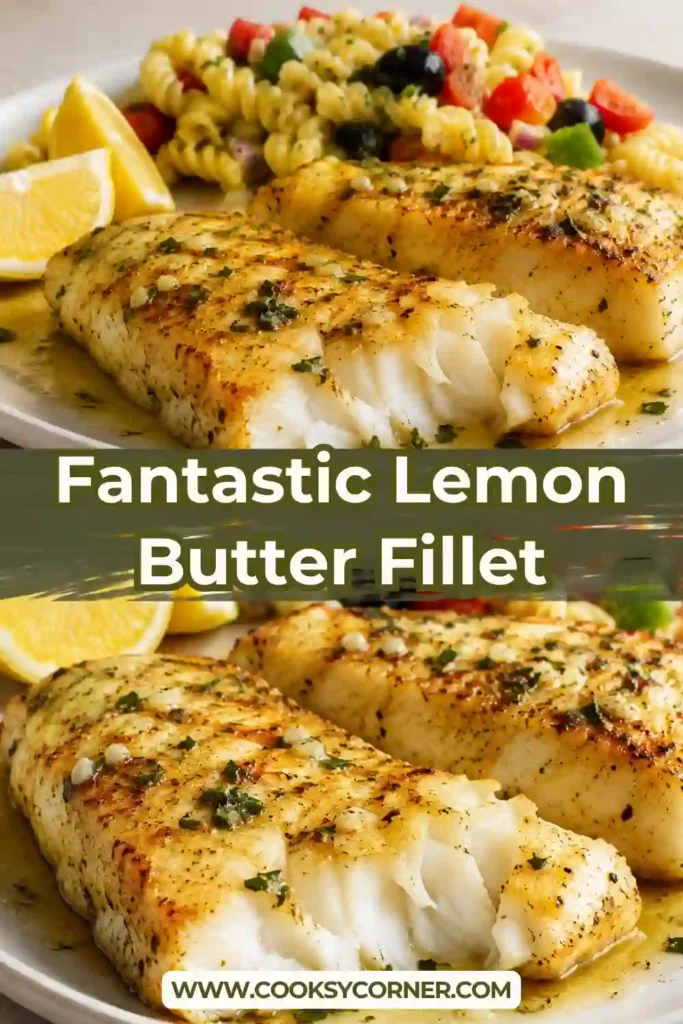 Fantastic Lemon Butter Fillet made with flaky baked cod covered in garlic lemon butter sauce. Fresh lemon and parsley add bright color and citrus flavor to the tender fish.