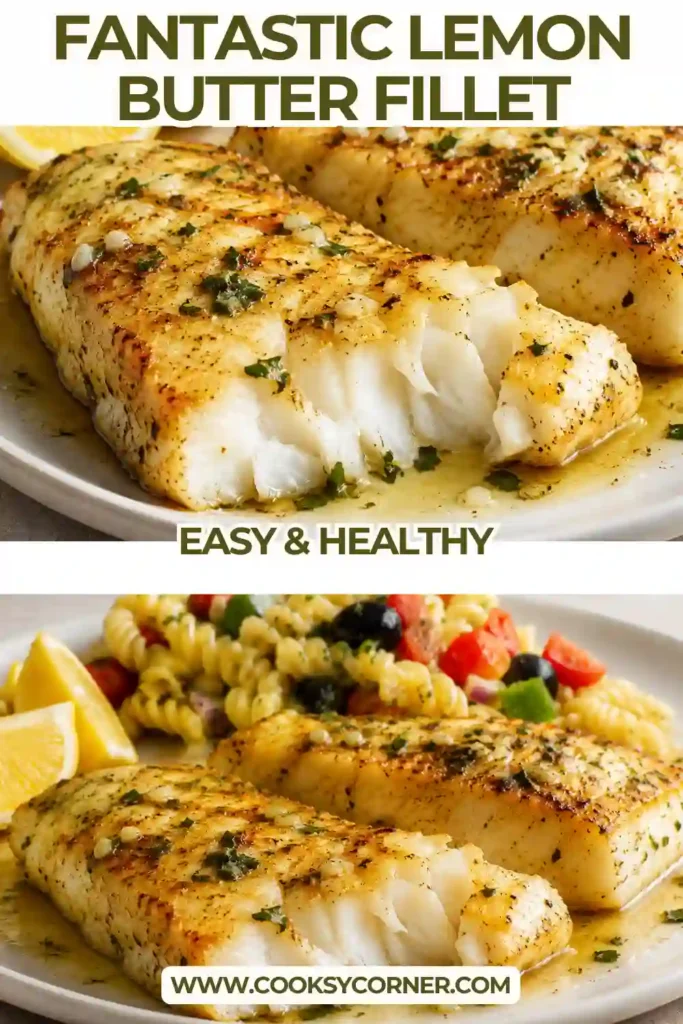 Garlic butter baked cod served with fresh lemon slices and parsley. The flaky cod fillets are coated in a rich golden lemon butter sauce with black pepper.