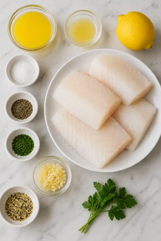 Oven-baked cod fillets covered with warm lemon garlic butter and sprinkled with fresh parsley. The fish is tender and flaky with a bright, buttery citrus finish.