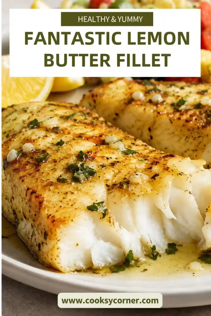 Lemon butter cod fillets baked with garlic, parsley, black pepper, and fresh lemon juice. The tender white fish is finished with a glossy garlic butter sauce.
