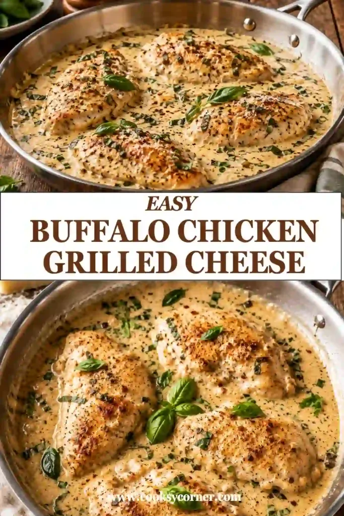 Tender Creamy Parmesan Basil Chicken covered with homemade garlic Parmesan cream sauce and garnished with fresh basil. Roasted red peppers add vibrant color to the finished dish.