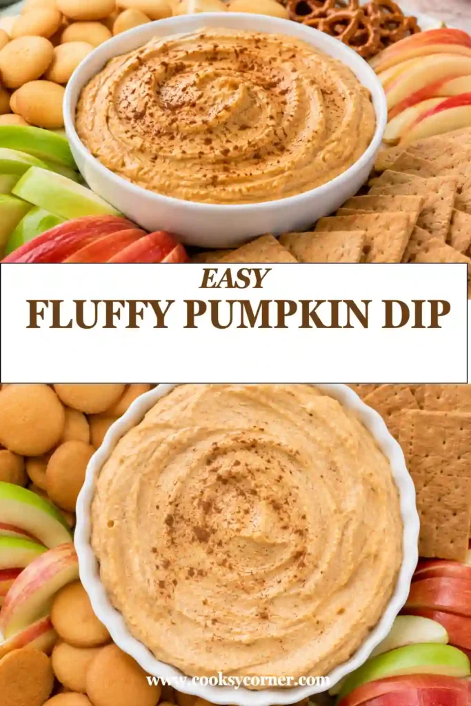 Fluffy pumpkin dessert dip surrounded by apple slices, graham crackers, and cookies for dipping. This no bake pumpkin dip makes a simple fall dessert or party treat.