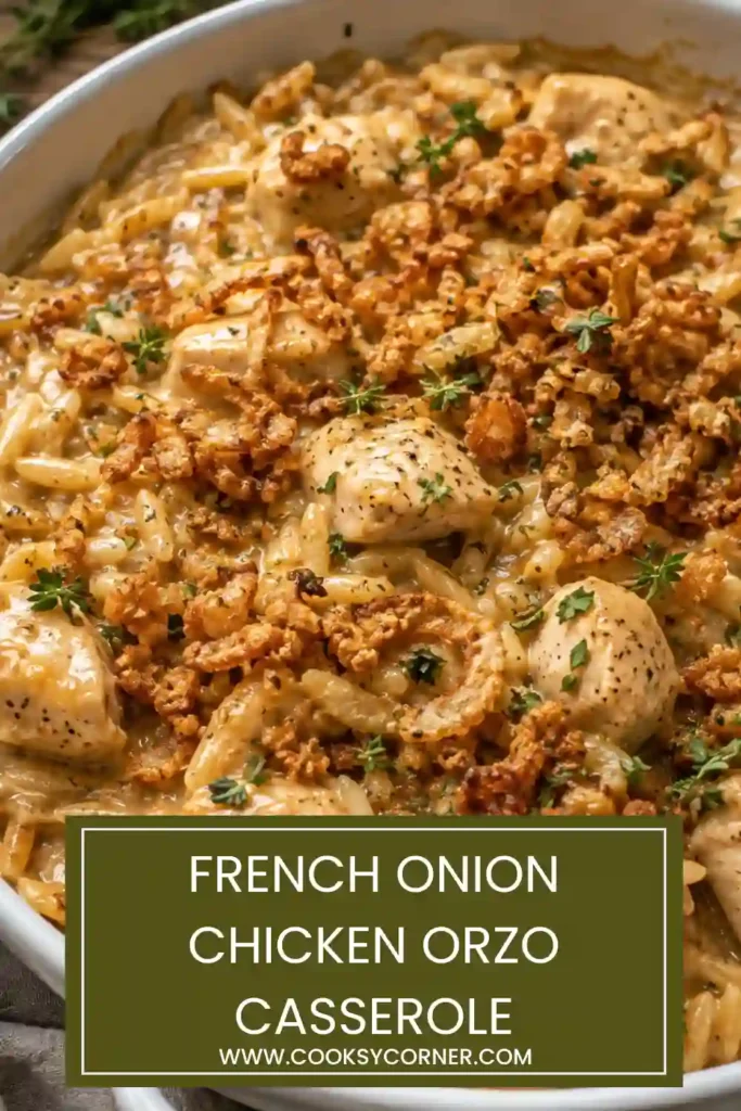 Chicken orzo casserole made with creamy pasta, cubed chicken, buttery onions, mozzarella, Parmesan, and herbs. Crispy French fried onions provide texture and a golden finish.