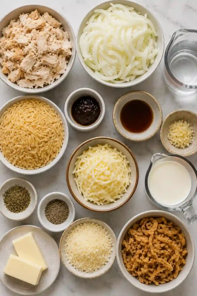Instant Pot chicken orzo served creamy and topped with crunchy fried onions. Tender chicken, onions, Parmesan, mozzarella, and thyme create a cozy one pot dinner.