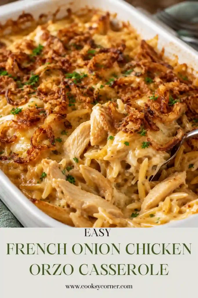 Creamy chicken orzo casserole baked with caramelized yellow onions, mozzarella, and Parmesan cheese. The golden cheesy surface covers tender chicken and creamy orzo underneath.