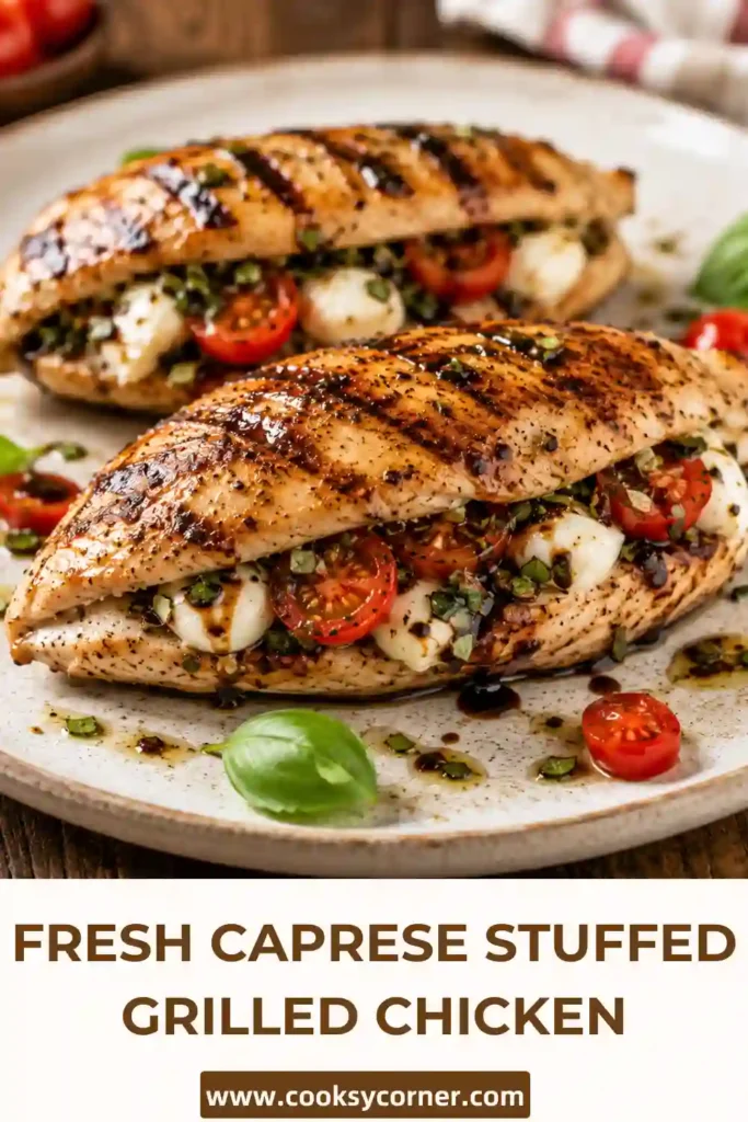 Grilled stuffed chicken breast sliced open to reveal melted mozzarella, cherry tomatoes, and fresh basil. Balsamic glaze adds a glossy finish to this easy summer chicken recipe.