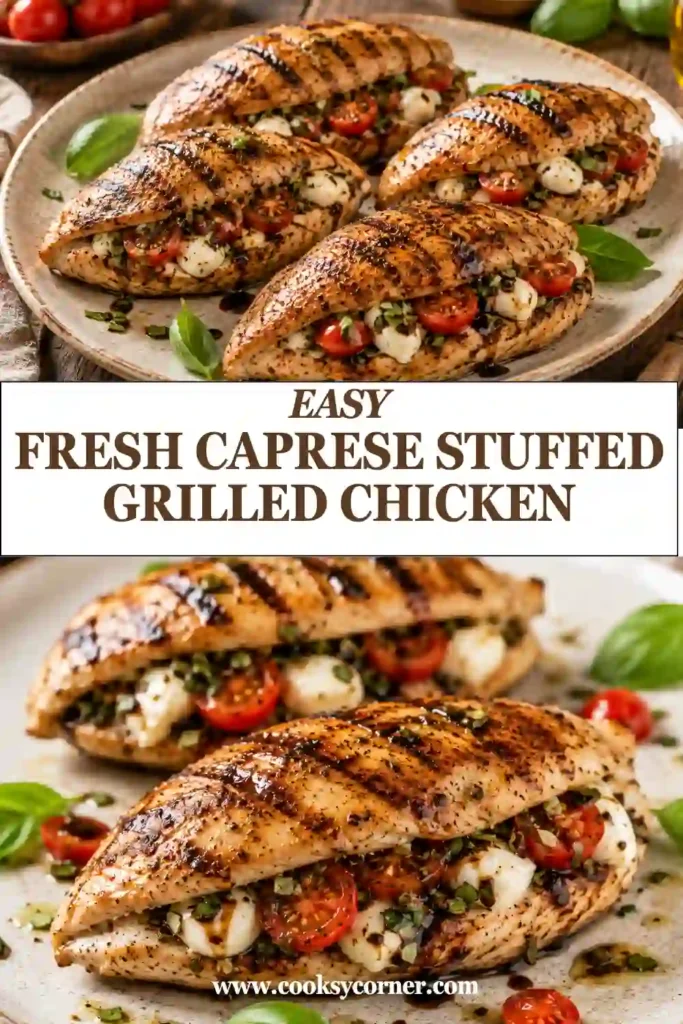 Juicy Caprese stuffed chicken breast with creamy mozzarella, tomatoes, basil, and balsamic glaze. The chicken has golden grill marks and a fresh Italian-inspired filling.