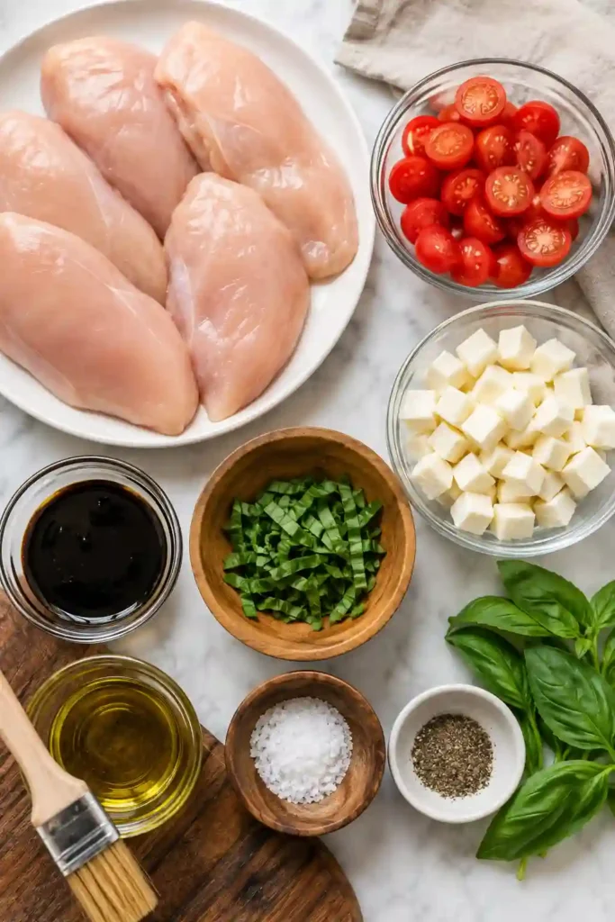 Fresh Caprese grilled chicken stuffed with mozzarella, tomatoes, and basil on a summer dinner plate. The juicy grilled chicken is topped with fresh basil and balsamic glaze.