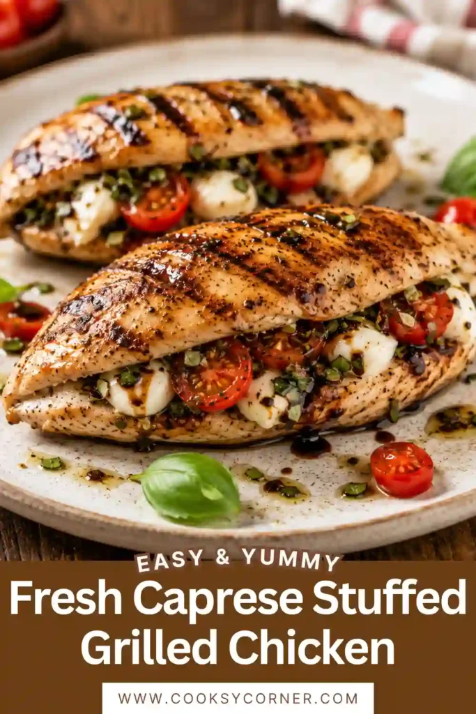 Fresh Caprese Stuffed Grilled Chicken filled with melted mozzarella, cherry tomatoes, and fresh basil. The grilled chicken breast is finished with balsamic glaze for a colorful summer dinner.