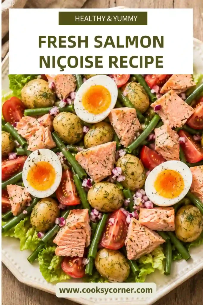 Easy Fresh Salmon Niçoise Recipe with poached salmon, tomatoes, eggs, lettuce, and herb-dressed potatoes. A wholesome French classic made with simple fresh ingredients.