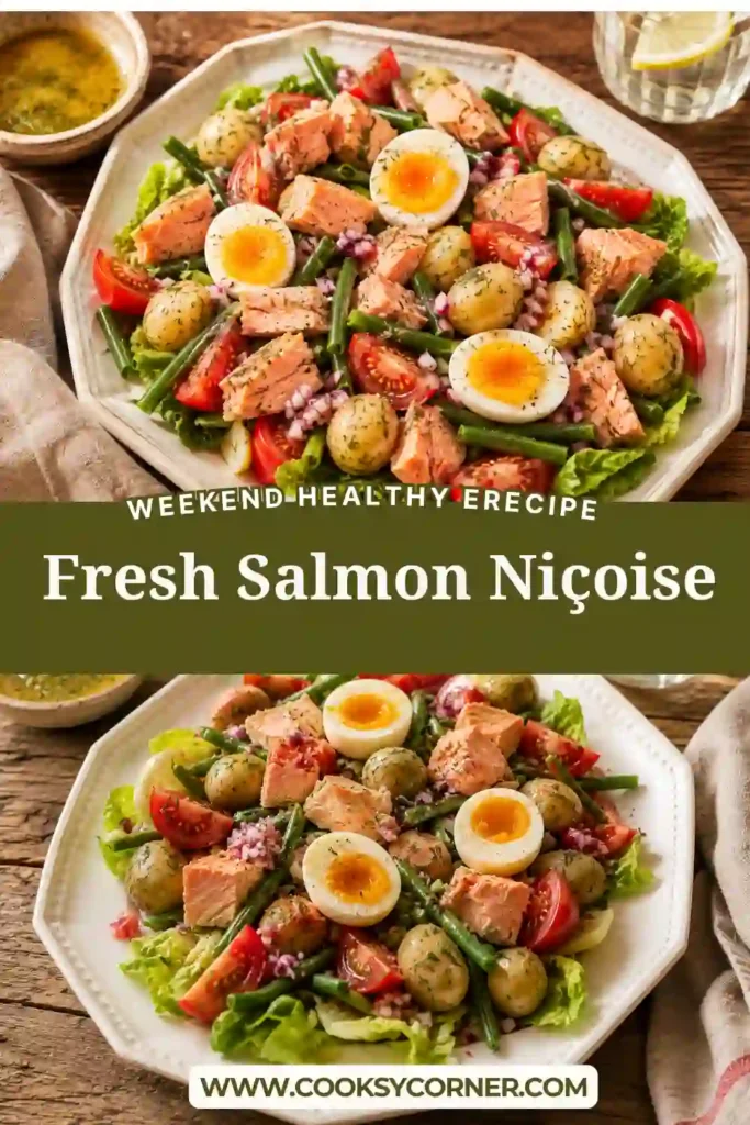 Healthy Salmon Niçoise Salad featuring flaky salmon, crisp green beans, Kalamata olives, baby potatoes, and fresh herbs arranged on a serving platter. Perfect for a nutritious Mediterranean-style meal.