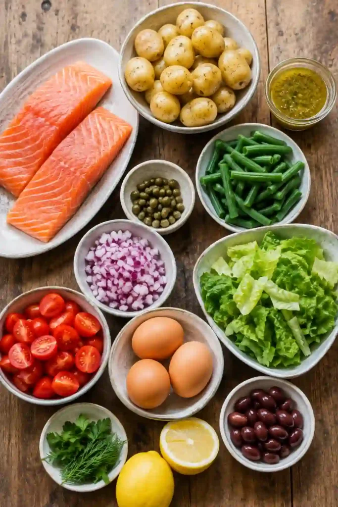 Mediterranean salmon salad topped with tender wild salmon, fresh vegetables, olives, eggs, and herb dressing. A colorful and protein-rich Fresh Salmon Niçoise Recipe.