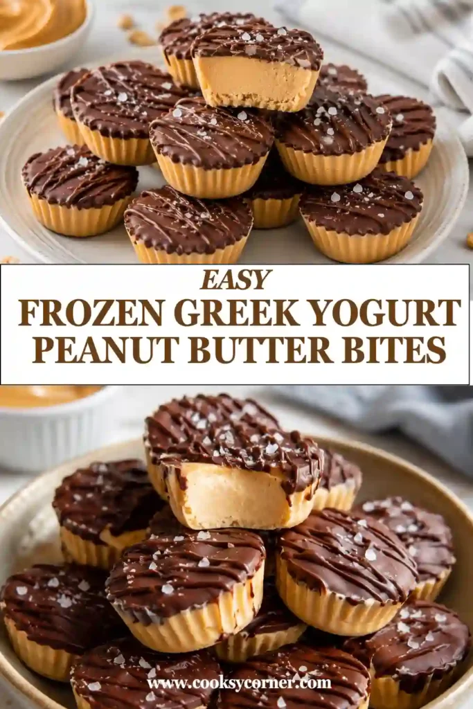 Creamy Frozen Greek Yogurt Peanut Butter Bites with a dark chocolate drizzle. The bite-sized frozen dessert features Greek yogurt and peanut butter with a lightly sweet finish.