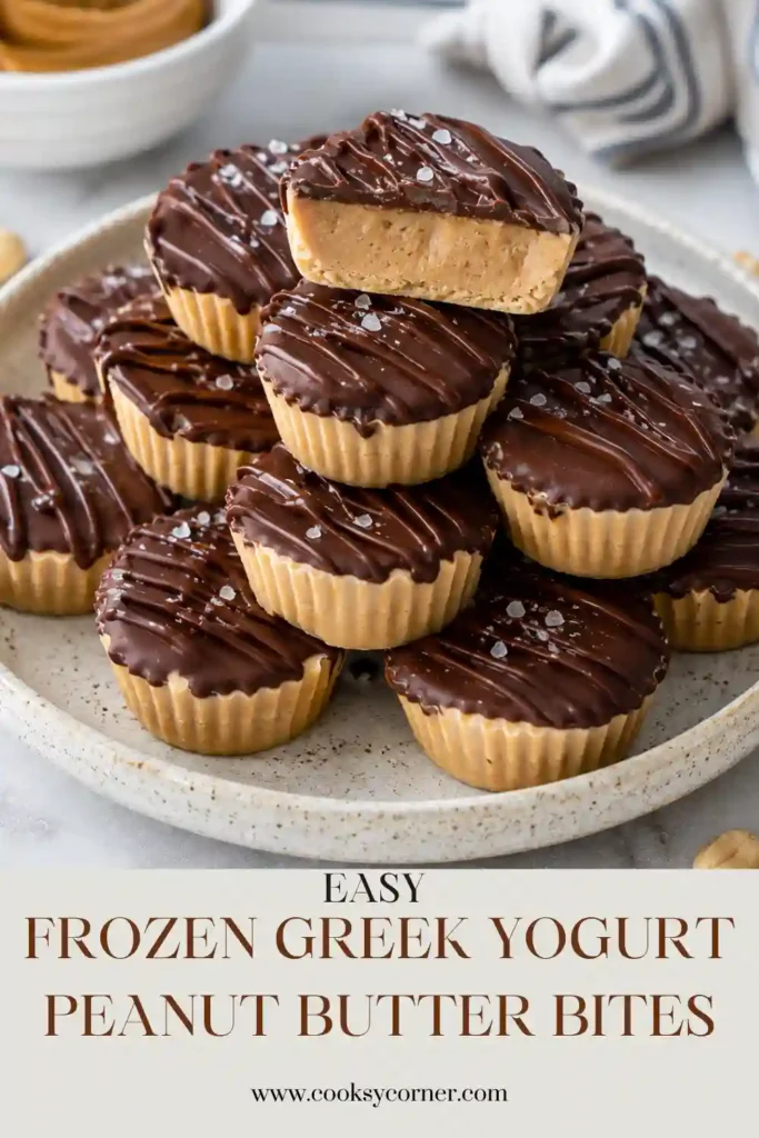 Frozen Greek Yogurt Peanut Butter Bites topped with mini chocolate chips on a serving plate. These creamy frozen yogurt bites combine Greek yogurt, peanut butter, and honey for an easy no bake dessert.