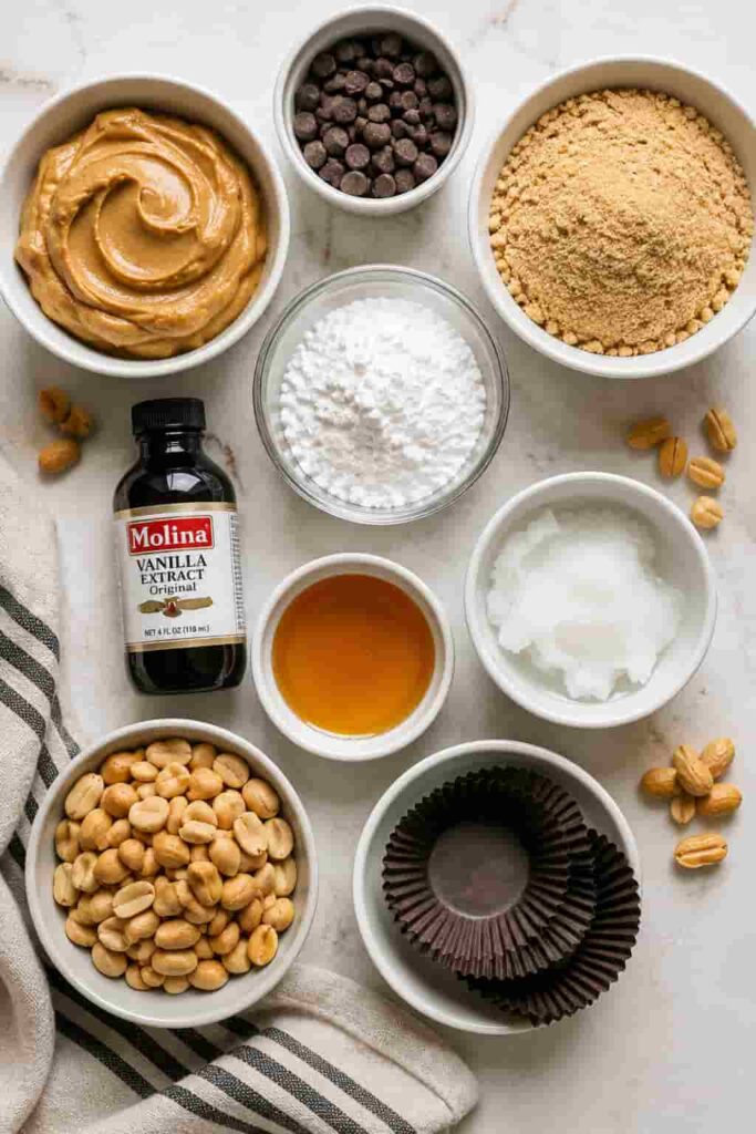 A plate of peanut butter yogurt bites served frozen with chocolate and chopped peanuts. The simple no bake dessert has a creamy texture and rich peanut butter flavor.