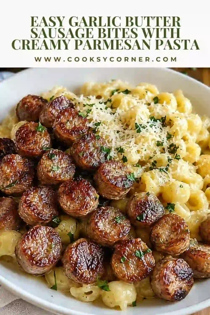 Close-up of garlic butter sausage bites tossed with creamy garlic pasta and freshly grated Parmesan. The browned beef sausage and silky sauce create a rich, comforting pasta dish.