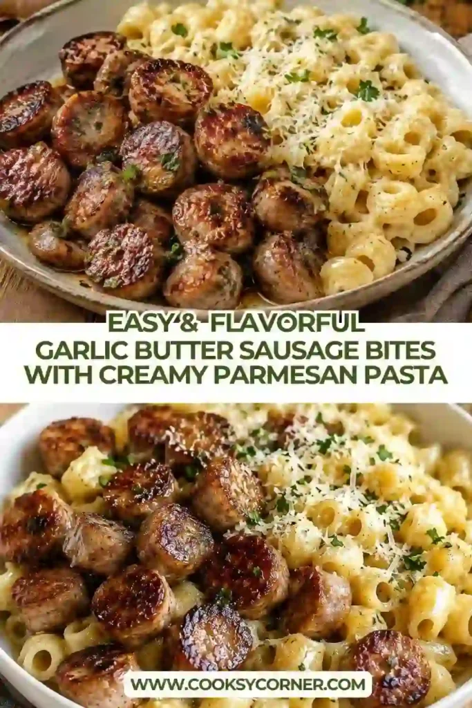 Creamy Parmesan pasta topped with juicy garlic butter beef sausage bites and chopped parsley. The pasta is coated in a rich garlic cream sauce for an easy weeknight dinner.