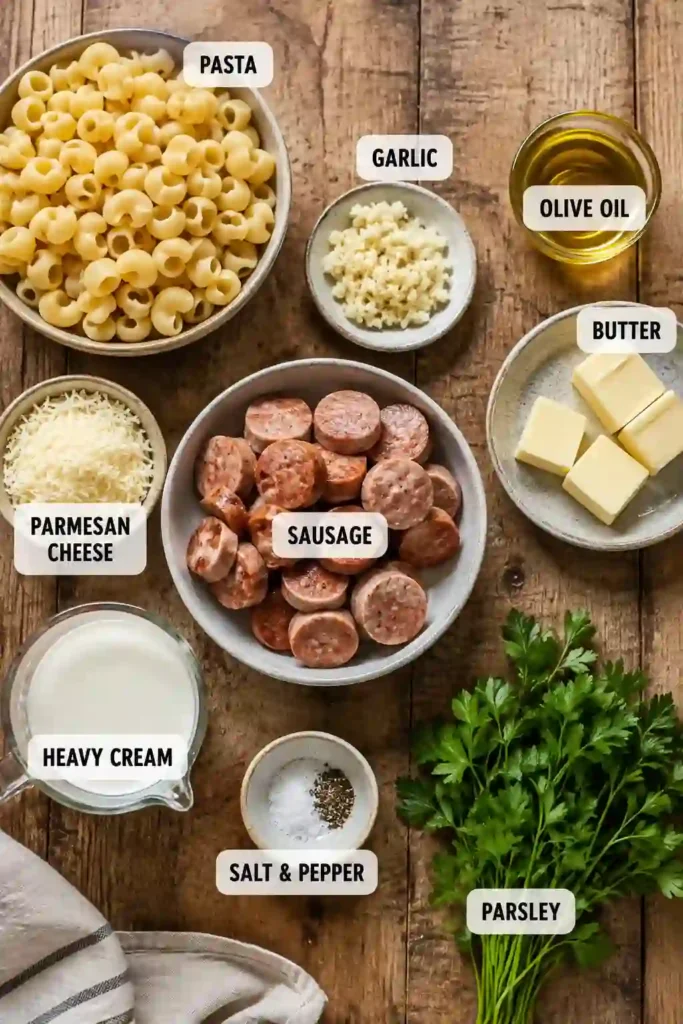 Garlic Butter Sausage Bites with Creamy Parmesan Pasta served warm with golden beef sausage and tender pasta coated in Parmesan sauce. Fresh parsley adds color to this creamy sausage pasta.