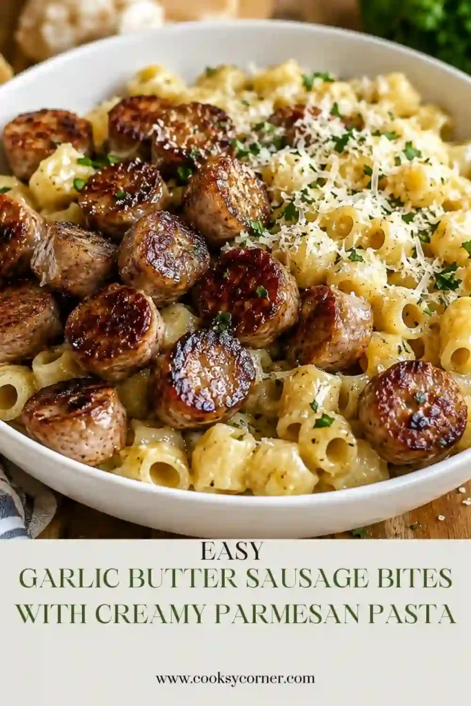 Easy sausage pasta with golden beef sausage bites, creamy Parmesan sauce, garlic, and fresh parsley. A comforting 30-minute pasta dinner served hot from the skillet.