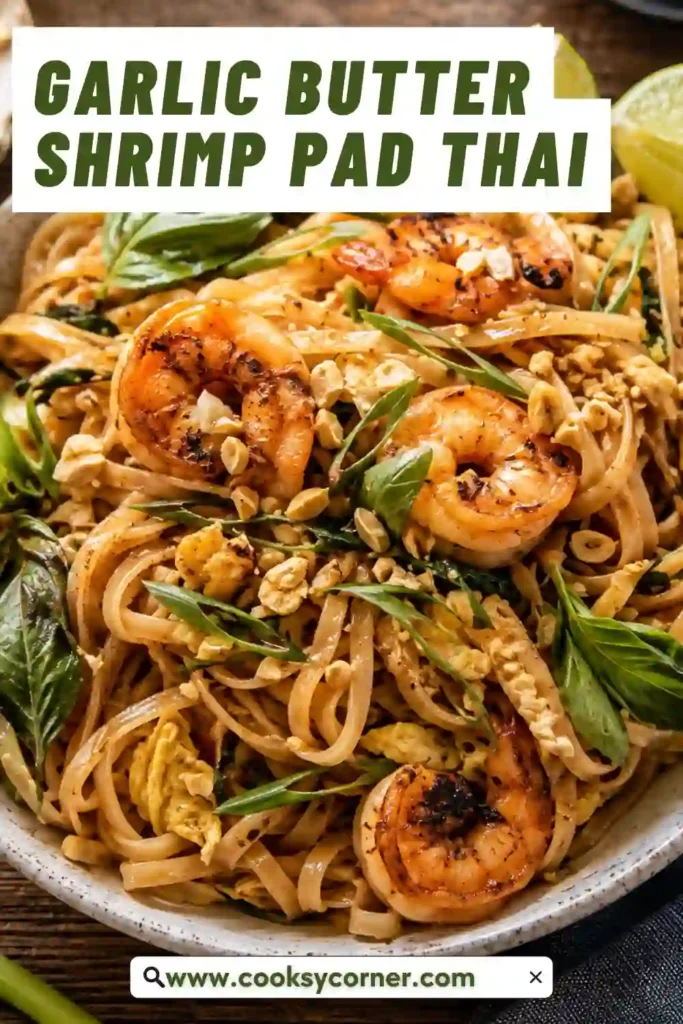 A serving bowl filled with Garlic Butter Shrimp Pad Thai topped with basil, roasted peanuts, and fresh lime.
