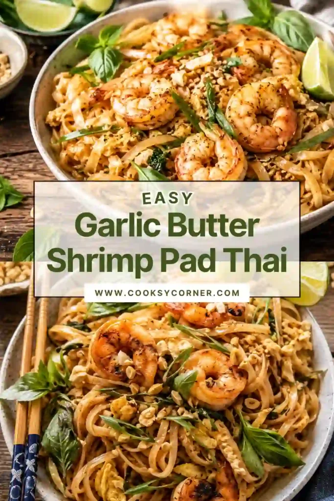 Close-up of Garlic Butter Shrimp Pad Thai garnished with chopped peanuts, green onions, basil, and lime.