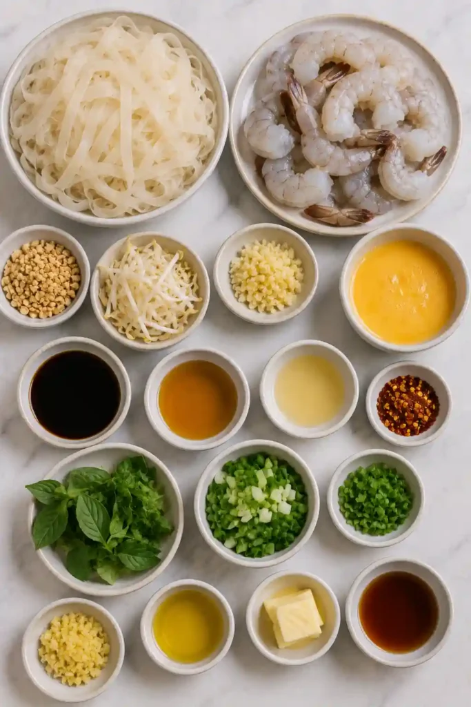 Garlic Butter Shrimp Pad Thai served in a bowl with chopsticks, peanuts, basil, and lime wedges.