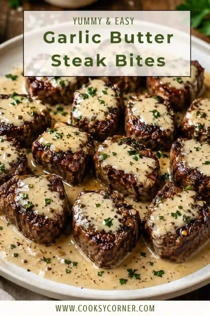 Juicy garlic butter steak bites served in a creamy Parmesan sauce with a golden seared exterior. An easy steak dinner made with tender beef, garlic, butter, cream, and Parmesan.