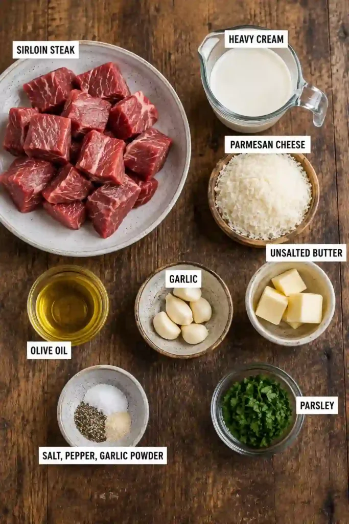 Garlic Butter Steak Bites coated in a rich Parmesan cream sauce and served hot from a skillet. The tender seared beef is finished with garlic butter and fresh herbs.