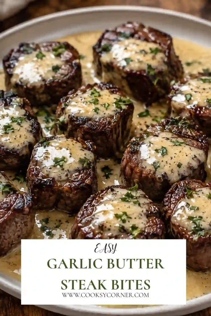 Tender Garlic Butter Steak Bites covered with smooth Parmesan cream sauce in a skillet. The browned steak and creamy garlic sauce create a rich and comforting dinner.