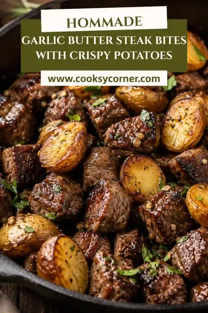 Tender sirloin steak cubes cooked in garlic butter alongside crispy roasted potatoes. A hearty homemade steak and potatoes meal.